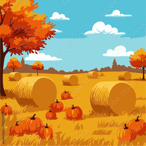 Autumnal hay bales and pumpkins in a golden field with colorful trees. A picturesque rural landscape.