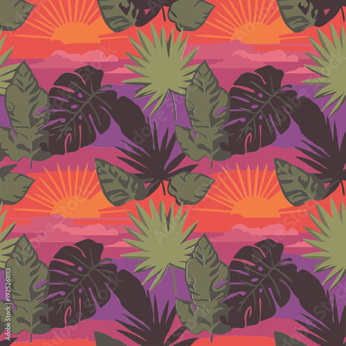 Tropical sunset leaf pattern with vibrant colors. Sunset scene with tropical foliage overlay, repeating design.