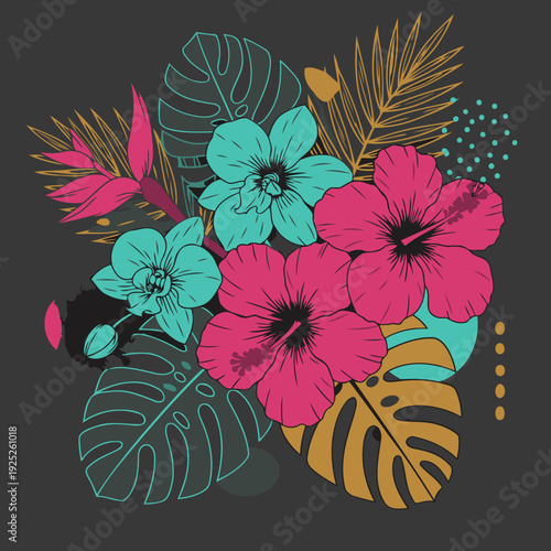 Tropical floral bouquet illustration with vibrant colors in a modern design. Intricate line art of hibiscus, orchids, and exotic leaves on a dark gray background with abstract shapes.