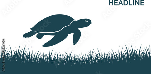 A turtle swimming through grass in a serene natural environment with a headline above.