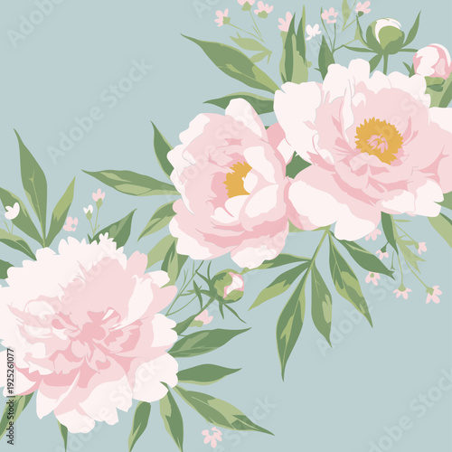 Pink peony bouquet arrangement on light blue background. Delicate floral display with lush greenery and soft color palette.