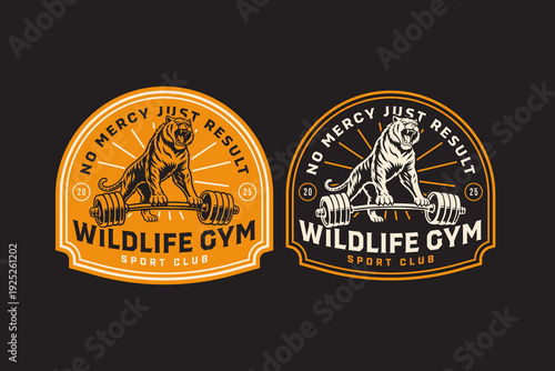 Roaring tiger standing on a barbell retro badge logo design set for fitness. Wildlife fitness tiger vintage patch symbol pack for gym. Powerful tiger workout rustic emblem element for sport club
