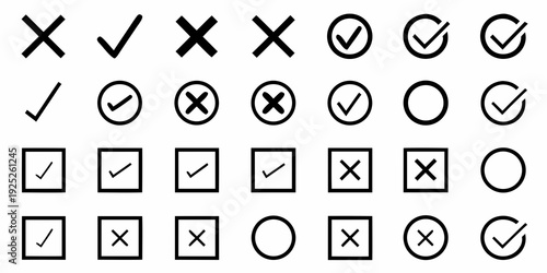 Collection of check marks x marks and circles in various forms