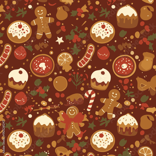 Christmas holiday treats and sweets pattern on a rich maroon background.