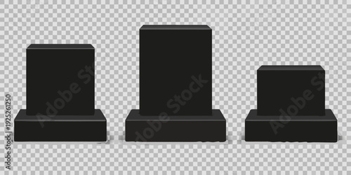 Three black pedestals of varying heights arranged on a transparent background
