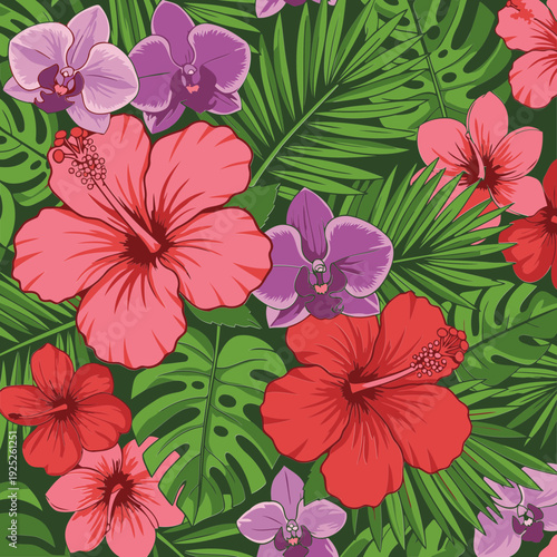 Tropical flower and leaf pattern design for seamless repeat. Vibrant hibiscus and orchid flowers with lush green foliage in a decorative botanical pattern.