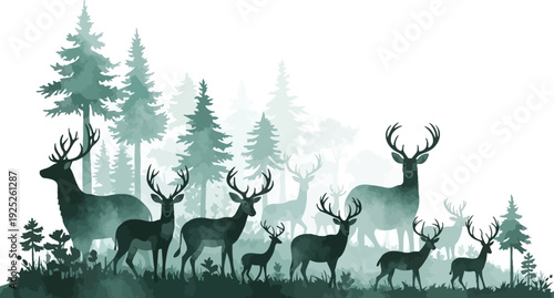 A serene forest scene featuring a herd of deer in a peaceful natural setting with trees and foliage.