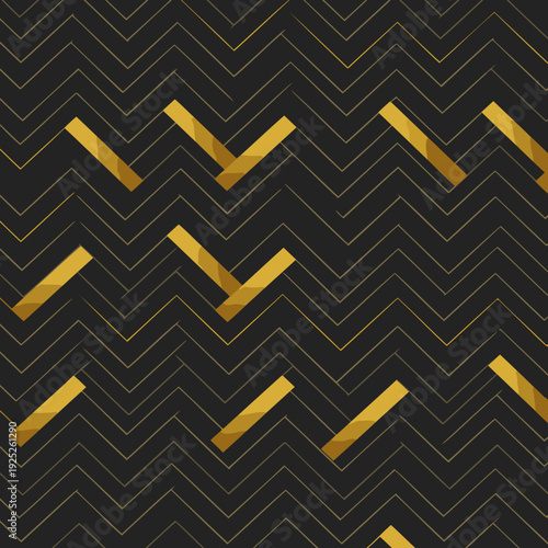 Abstract geometric pattern with gold accents on black background. Repeating chevron pattern with inlaid gold elements. No people or objects. Design element for luxury backgrounds -