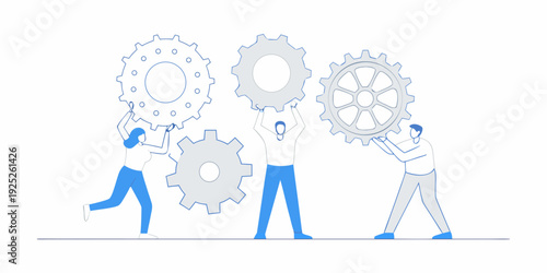 Teamwork and collaboration concept with people supporting mechanical gears
