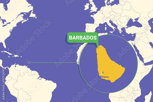Barbados highlighted on Caribbean map with Bridgetown capital marked