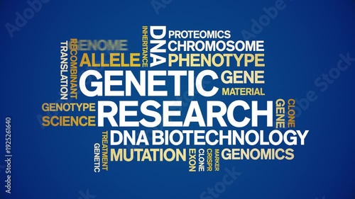 Genetic Research animated word cloud-text design animation tag kinetic typography seamless loop.