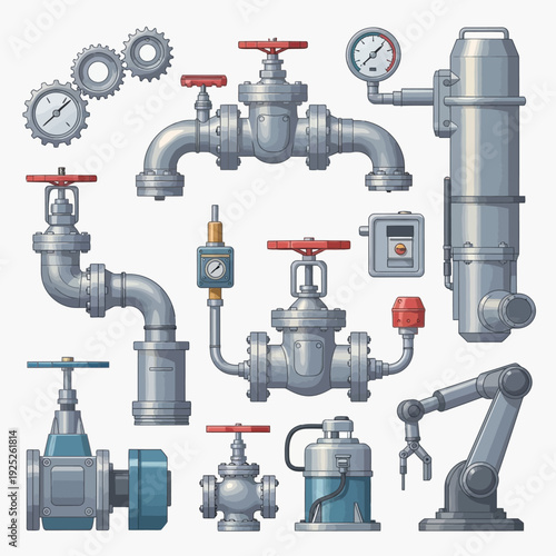 Industrial pipes and valves illustration set.
