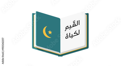 Open book with Arabic text and a crescent moon and star symbol, isolated white background