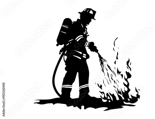 Firefighter Silhouette Spraying Water on Fire Vector