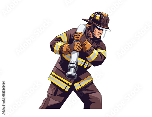 Brave Firefighter in Uniform Holding Fire Hose Vector Illustration
