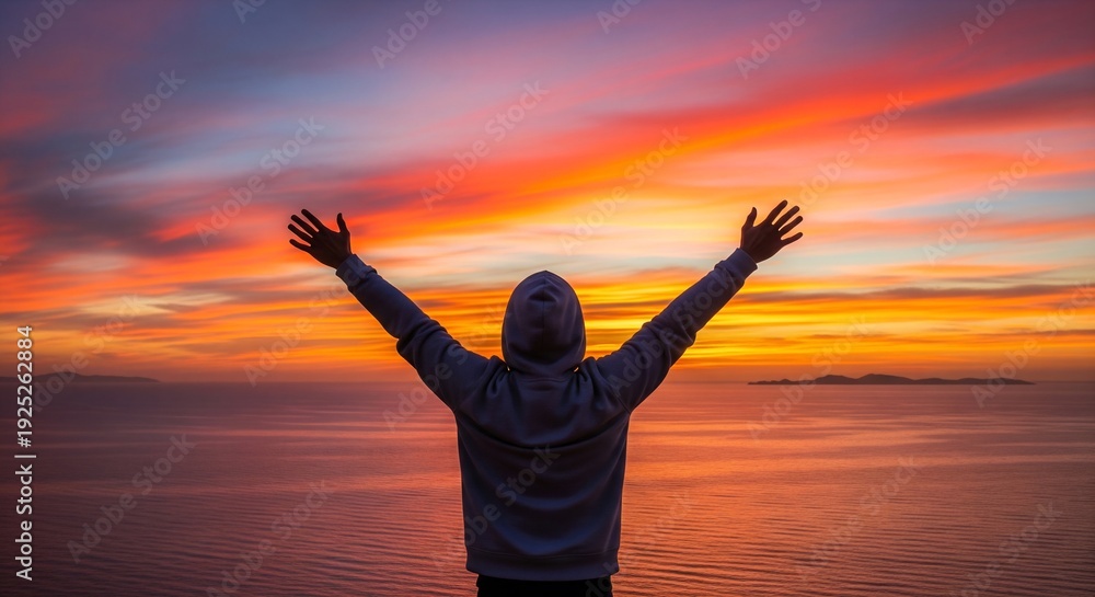 Fototapeta premium Person embracing freedom with arms outstretched at vibrant ocean sunset