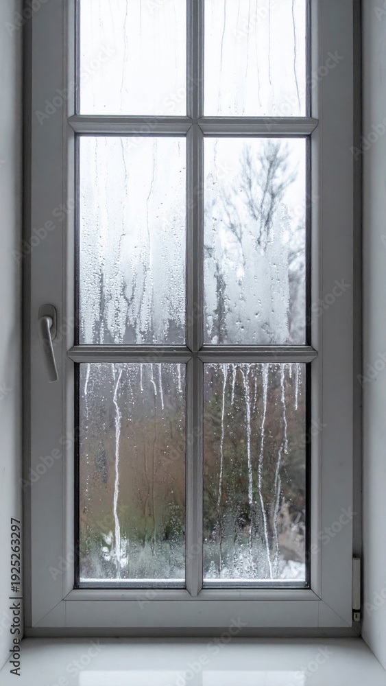 Fototapeta premium White Framed Window with Condensation Overlooking Trees in Hazy Weather
