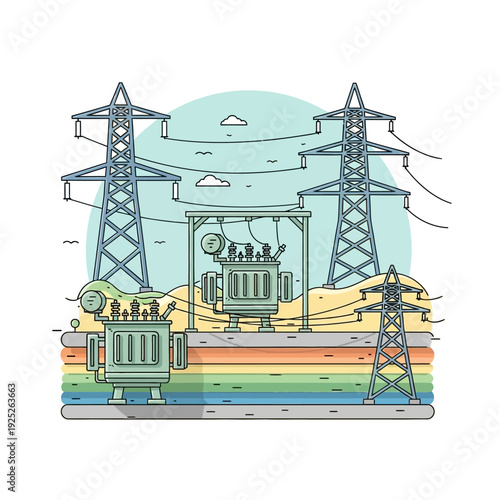 Electricity power substation with transmission towers and transformers.