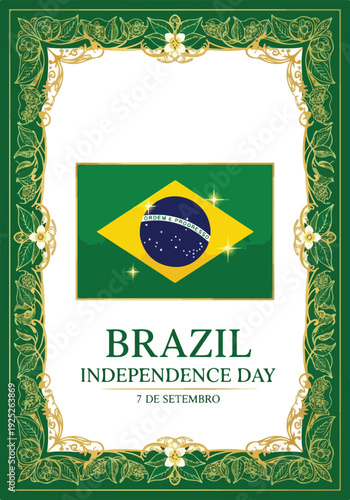 Brazil Independence Day Vector Illustration with National Flag and Ornate Green and Gold Frame for September 7th Celebrations