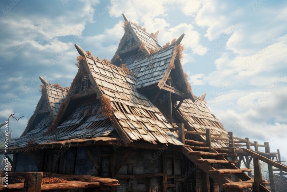 Fototapeta premium Rustic fantasy style wooden house showing detailed roof shingles and decorative elements under a cloudy sky