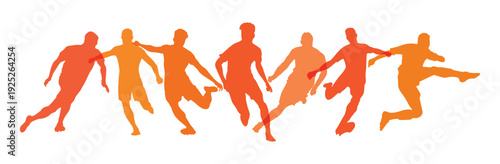 Orange silhouettes of soccer players in dynamic action poses isolated on white background, representing football sport, teamwork, competition and energy.