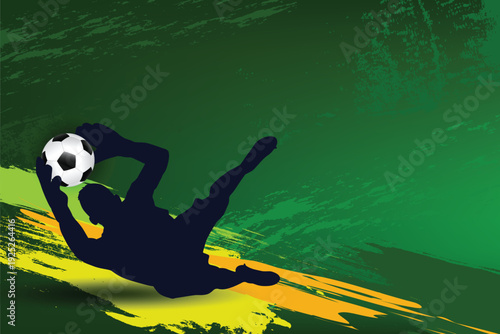 Silhouette of a soccer goalkeeper diving to save the ball on a green grunge background with dynamic brush strokes. Sport concept illustration with copy space.