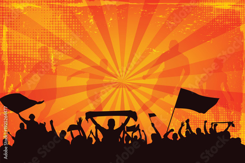 Silhouette of passionate football fans cheering with flags and scarves in stadium, with dynamic sunburst orange background and soccer players in action.