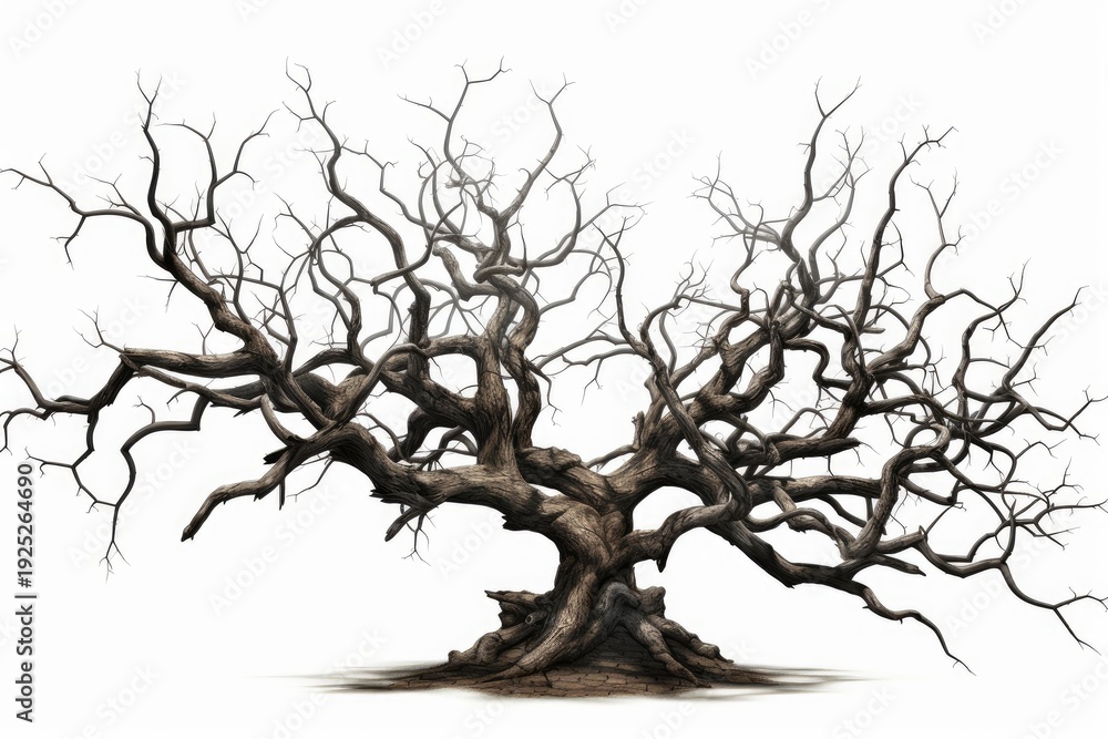 Fototapeta premium Twisted dead tree branches creating a spooky silhouette against a pure white background