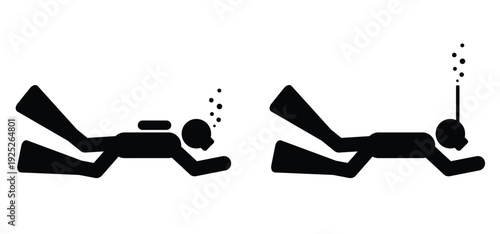 Stick figure man, silhouettes of scuba diving and scuba flippers. Snorkeling, scuba diver in the sea or waterpark and scuba gear. Water sport concept. Summer, beach idea. Travel sports. Diving tools.