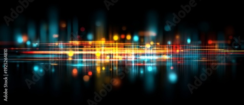 Abstract futuristic light streaks in a dark digital landscape