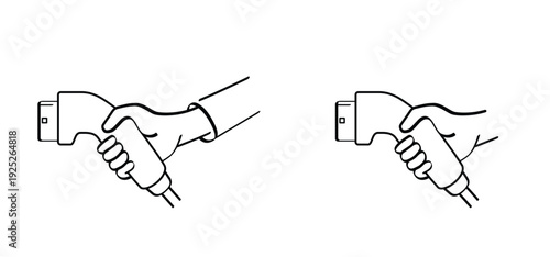 Hand hold a types electric vehicle plugs for AC and DC charging connector. Electric car charging plug. Sockets for electric car charging plug. Hybrid, EV connector. For CCS Type 2.
