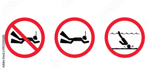 Low level water. Safety Signs. Shallow water, Water dive. No swimming, jumping or diving into water. Swimming pool rules. No diving area pool. Diving in the sea, river or waterpark.
