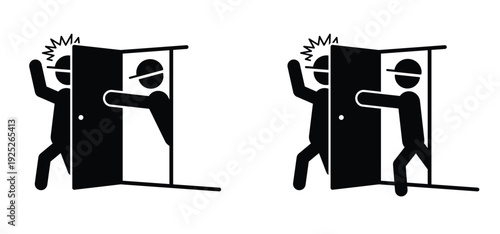 Be careful with opening or throwing doors. Warning sign in the office or home.  Beware of opening door. Door can open unexpectedly, doorway concept.  People standing behind it or walking past.