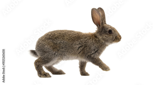 a fluffy young rabbit standing on a transparent background, captured from the side.