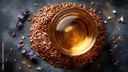 Organic flaxseed oil in glass bowl with seeds and flowers