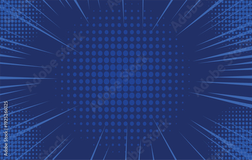 A dynamic dark blue comic book background features radial lines and a central halftone dot pattern, evoking a retro pop art aesthetic.