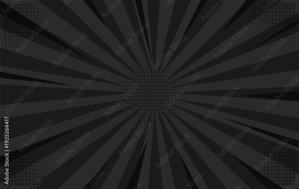 Fototapeta premium A dramatic dark grey comic book background features bold radial lines and a central halftone dot pattern, exuding a powerful pop art atmosphere.
