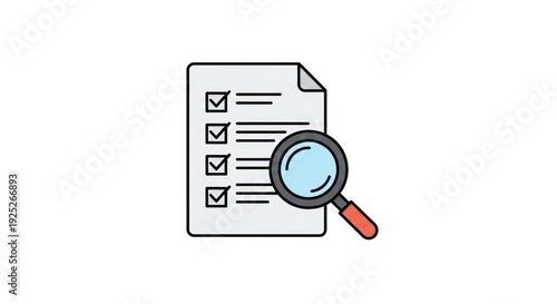 Illustration depicting a document checklist under review with a magnifying glass, symbolizing thorough inspection, task verification, and quality control processes