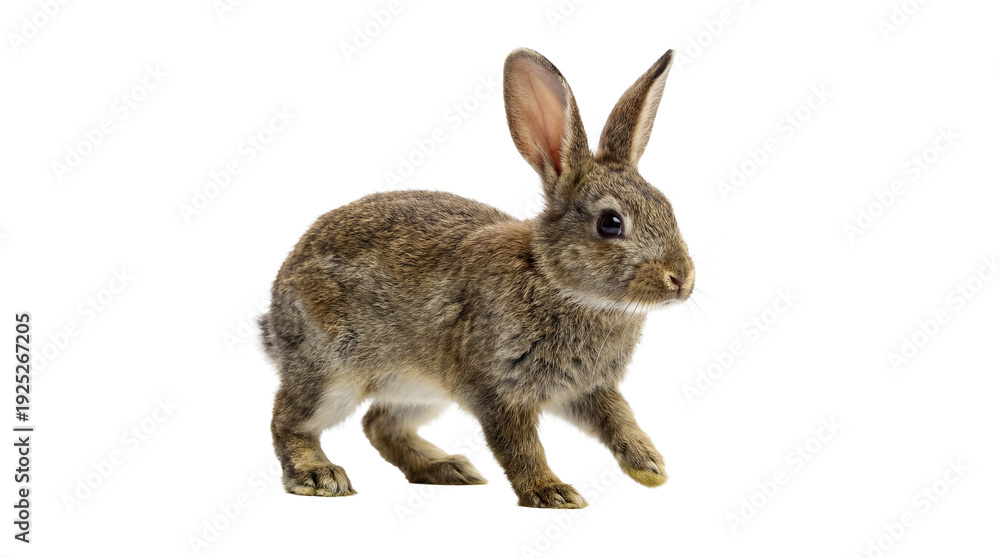 Obraz premium a fluffy brown baby rabbit with long ears and a curious expression, captured in a studio setting on a transparent background, highlighting its soft fur and delicate features.