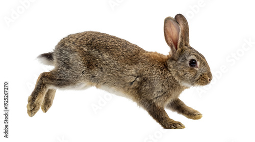 a wild rabbit in motion, captured mid-stride against a stark transparent background, showcasing its brown fur and alert posture.