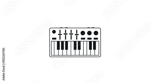 Simple black and white synthesizer keyboard illustration with controls.
