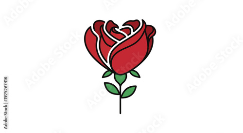 Simple red rose illustration with green leaves on white background.