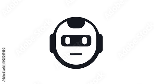 Simple black and white robot face icon with headphones on a white background.