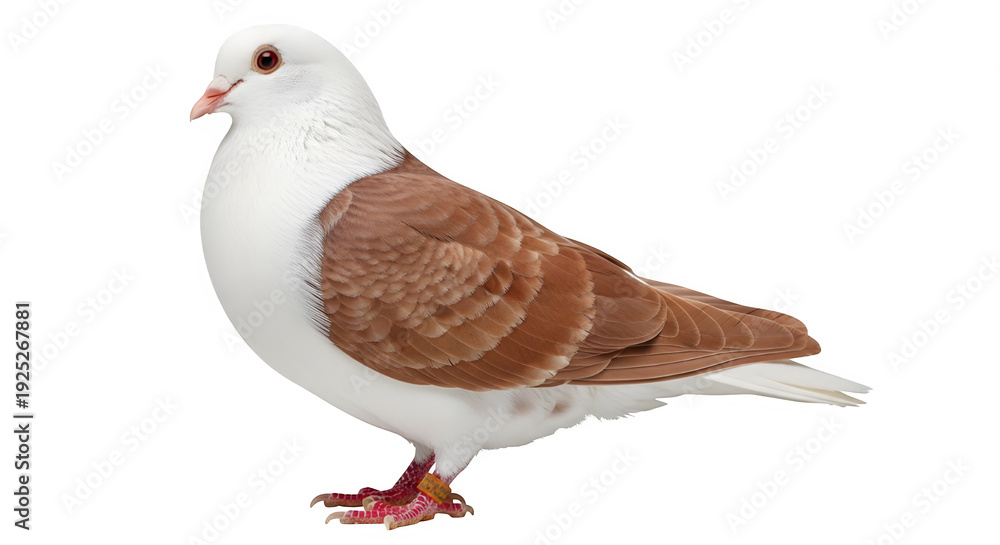 Fototapeta premium Beautiful white and brown pigeon standing with orange leg band