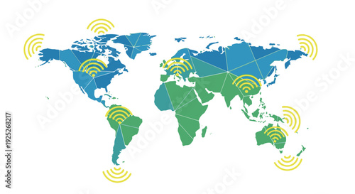 Global network connectivity illustration with wireless signals.