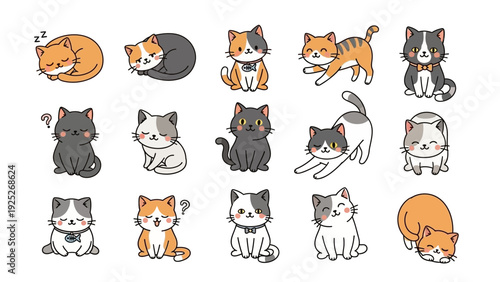 Set of cute cartoon cats in various poses and emotions isolated on white background