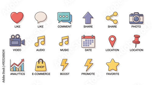 Set of colorful social media and digital marketing icon vectors