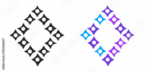 Two diamond shapes composed of smaller squares one black and one colored