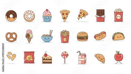 Set of cute kawaii food characters and snack illustrations isolated on white background.
