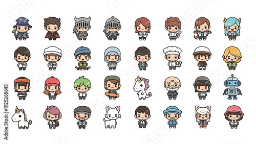 Set of diverse cute chibi characters including fantasy and professional icons